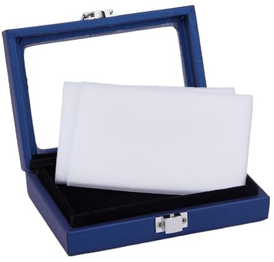 Dailygoods- Opbergdoos PU Lederen - Sieraden Organizer - Glazen Top - Binnenspons - Pruisisch Blauw - 95x130x33 mm - Sieradenbox