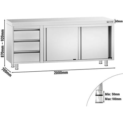GGM Gastro Edelstahl Arbeitsschrank PREMIUM - 2000x700mm - mit 3 Schubladen links Zilver
