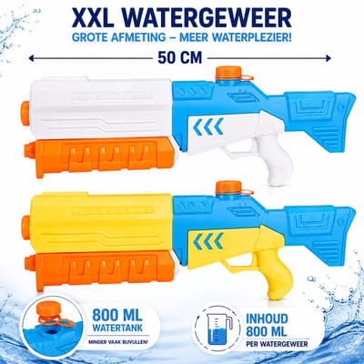 Benza – Waterpistool - XXL Watergeweer Set van 2 – 50 cm – 800 ml Watertank – Geel-Blauw & Wit-Blauw – Voor Tuin, Strand & Zwembad