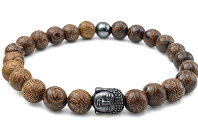kralenarmband- unisex - hout - zilverkleurige hematiet boedha - 19 cm
