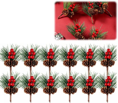 12 stuks - Kerstversieringen - Dennenappels - Bloemisterijmaterialen - 5 rode bessen + 2 takjes dennenappels - Kunstbloemisterijmaterialen voor kerstarrangementen en doe-het-zelfprojecten - Diverse kleuren