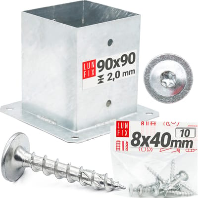 LUN FIX - Pfostendrager 90x90 mm - 10 stuks - 8x40 mm - Opbouwhuls voor houten palen, zilverkleurig, vuurverzinkt