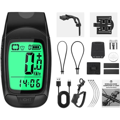 Compteur de vitesse de vélo multifonctionnel sans fil, avec lumière et klaxon USB noir