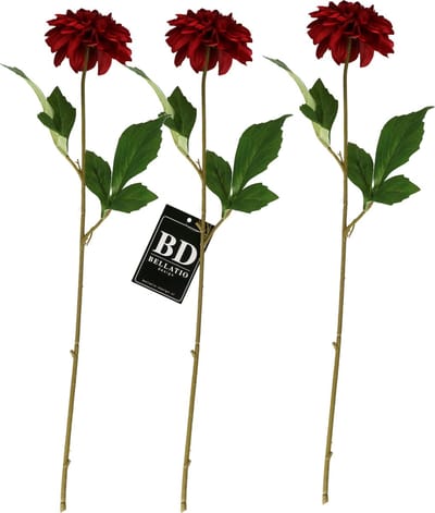 Bellatio Design Kunstbloem Dahlia - 3x - 50 cm - bordeaux rood - kunst zijdebloemen