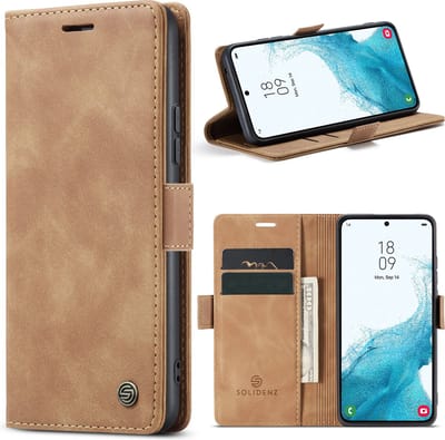 Geschikt Voor Samsung Galaxy S22 Plus Hoesje - Solidenz Urban Bookcase S22 Plus - Telefoonhoesje S22 Plus - S22 Plus Case Met Pasjeshouder - PU Leren Hoes - Draadloos Opladen - Bruin