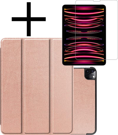 Hoes - Geschikt voor Apple iPad Pro (2022) - 11 inch - 4e generatie - Met Screenprotector - Trifold Bookcase - Hard Cover - Hardcover Book Case - Tablet Hoesje - Rosé goud