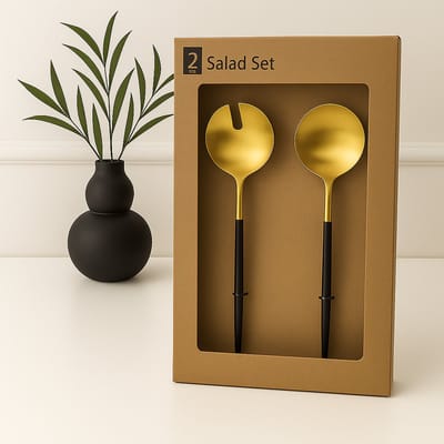 Mevaz 2-delige Saladebestek Set – Goud met Zwart Handvat – Roestvrijstaal – Luxe Salade Lepels & Vork – 25 cm