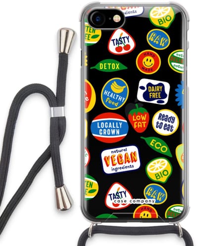 Case Company® - Hoesje met koord geschikt voor iPhone SE 2020 hoesje met Koord - Fruitsticker - Telefoonhoesje met Zwart Koord - Bescherming aan alle Kanten en Over de Schermrand