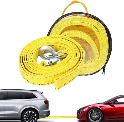 Thijox - Sleepkabel voor Personenauto's en Vrachtwagens - 4 Meter - 5 Ton Trekvermogen - Nylon Geel - Inclusief 2 Veiligheids-U-Ringhaken en Opbergtas