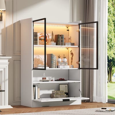 Vitrinekast - 120 cm - LED Verlichting met Glazen Deuren en Klepdeur - Spaanplaat - Wit
