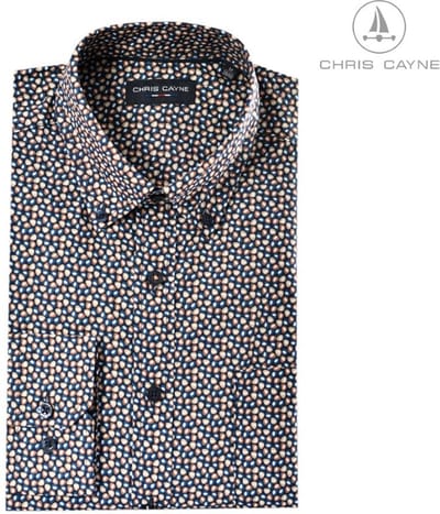 Chris Cayne heren overhemd - 3XL - lange mouw - borstzak - donkerblauw/bruin/camel - geprint dessin - 100 % Katoen