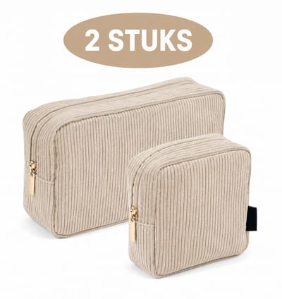 Make-up Tas Set van 2 – Beige Ribstof Toilettas & Cosmeticatas – Grote en Kleine Organizer – Reis Toilettasje voor Make-up, Verzorgingsproducten en Accessoires
