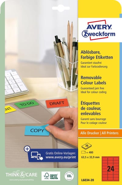 Avery afneembare gekleurde etiketten ft 63,5 x 33,9 mm (b x h), 480 stuks, 24 per blad, rood 5 stuks