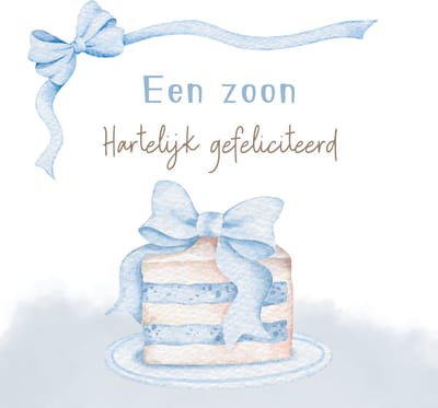 Wenskaart gefeliciteerd geboorte zoon blauwe taart – 13x13 cm – gevouwen kaart – inclusief witte envelop – stevig papier – geboortekaart jongen