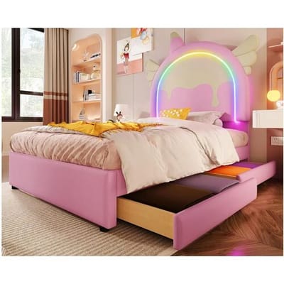 ModernLuxe Eenpersoonsbed bekleed met kunstleer 90x200 cm - met LED en 2 lades - Roze