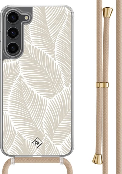 Casimoda® hoesje met beige koord - Geschikt voor Samsung S23 Plus - Palm Leaves Beige - Afneembaar koord - TPU/polycarbonaat - Bruin/beige