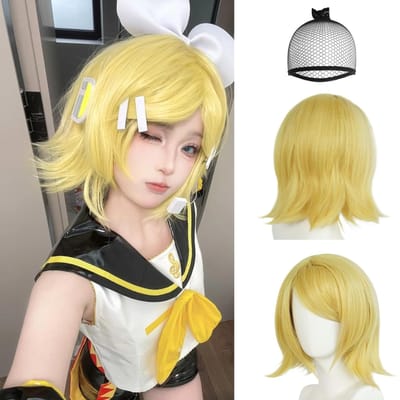 Kagamine Rin pruik Dames Kort Blond Geel Golvend Pruik Schouderlengte Blond Pruiken Kort Cosplay Halloween Themafeest Kostuum One Size geel