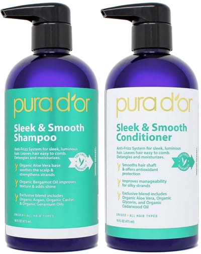 PURA D'OR Sleek & Smooth Shampoo & Conditioner Set – Anti-Frizz Haarverzorging met Aloë Vera, Arganolie & Castorolie voor Zijdezacht en Glad Haar