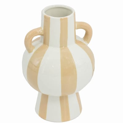 HomeBound by KY | Aardewerk vaas met oren stripe drab | bloemenvaas gestreept beige