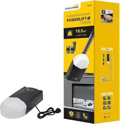 Schellenberg Powerlift 1000 N garagedeuropener, max. deuroppervlak 16 m², trekkracht 1000 N, incl. 2x 433,92 MHz 4-kanaals afstandsbedieningen en zonneklepclip voor afstandsbedieningen, 60304