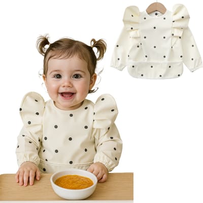 Joya Kids® Slabber Lange Mouwen Wit Zwart Gestipt met Brede Opvangbak | Peuter Kliederschort met Pofmouwen | Verfschort | Schattig Baby Slabbertje Meisje / Schort | Mouwslab | Mouwslabber met Zwarte Stippen | Maat S | 6 tot 12 Maanden Oud