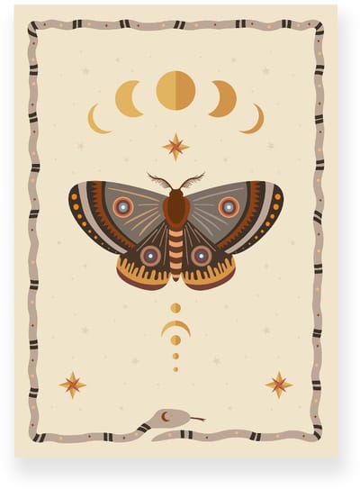 Poster 20x30 cm - Nachtvlinder - Maanfases - Beige - Grijs - Bohemian - Spiritueel - Muurdecoratie - Wanddecoratie