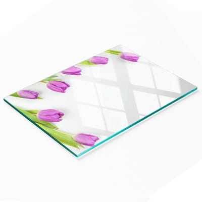 Decoratieve glazen snij- en serveerplank met paarse tulpen, 80x52 cm