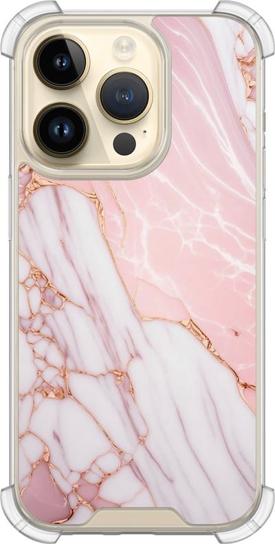 Shockproof hoesje - Geschikt voor iPhone 14 Pro - Marmer babyroze - Extra sterke case - TPU/polycarbonaat - Marmer - Roze, Transparant