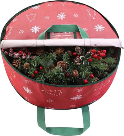 Famanu – Opbergtas voor kerstkrans - 75 cm - opbergzak voor kransen met handgrepen - ritssluiting en etiketteringskaartsleuf - waterdichte slinger opbergdoos voor krans - kerstdecoratie - rood
