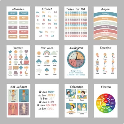 Educatieve Posters set 12 stuks A4 - Alfabet - Klokkijken - Tellen - Kleuren - Dagen - Maanden - Weer - Seizoenen - Lichaam