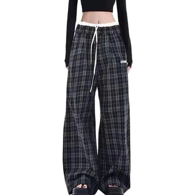 Retro Geruit Wijde Pijpen Broek voor Dames met Hoge Taille Losse Casual Broek voor Vloerlengte S black
