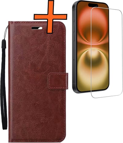 Hoes - Met Screenprotector - Geschikt voor Apple iPhone 16 - Luxe Pasjeshouder - Bookcase Portemonee - Flip Case - Kunstleer Book Case - Flipcase - Book Cover - Walletcase - PortemonneeHoes - Bruin