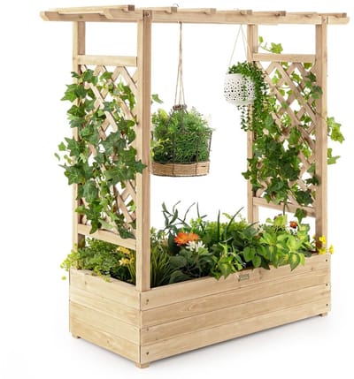 Plantenbak met klimrek - Bloembak - Weerbestendig - Met trellis - Buiten - Hout - Plantenrek - Naturel