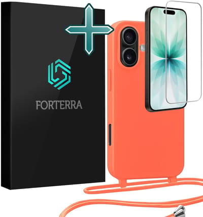 Hoesje Geschikt voor iPhone 17 Case Siliconen Hoes Met Koord Met Screenprotector - Hoes Geschikt voor iPhone 17 Met Telefoonkoord Hoesje Backcover - Papaya