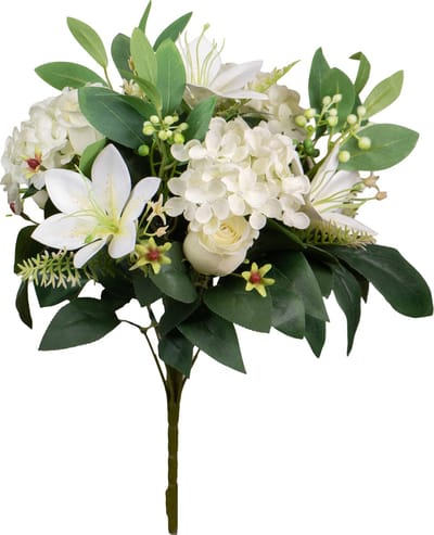 Louis Maes Kunstbloemen boeket roos/hortensia/lelie - creme/wit - H39 cm - Bloemstuk - Bladgroen