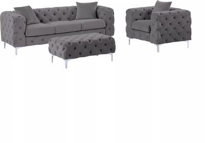 Vente-unique Driezits-Chesterfield-bank, -fauteuil en -poef van antracietgrijs velours EDWINA