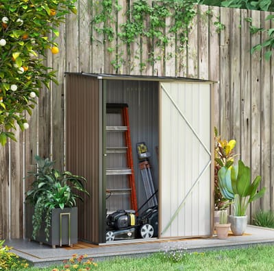 MEUNIQ metalen tuinschuur 161,5 x 94,5 x 196 cm met pultdak en afsluitbare deur, gereedschapsschuur van verzinkt staal voor tuin of terras, bruin