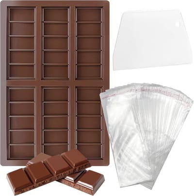 Diepe chocoladevormen voor het maken van chocoladerepen, inclusief 100 zelfklevende zakjes en 1 schraper, perfect voor creatief bakken