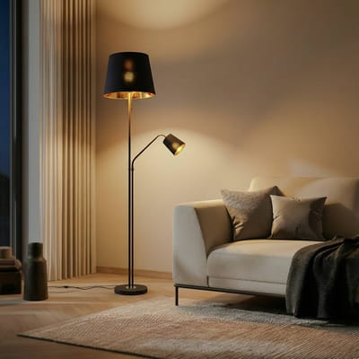 Lindby - vloerlamp - 1licht - Staal, textiel - H: 175 cm - E27 - zwart, goud