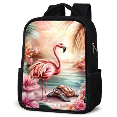 NoBoringSuitcases.com® - Rugzak zwart - Schooltas jongen & meisje - Flamingo en schildpad op een roze strand. - Rugtas voor school - Boekentas kind - Schoolrugzak - Kinderrugzak