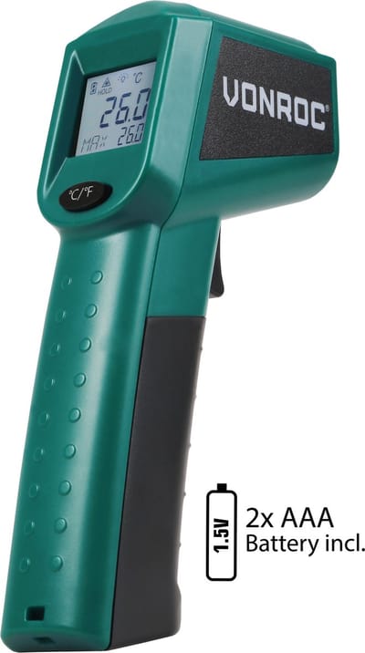 VONROC Digitale infrarood thermometer – Laser – Meetbereik -40°C tot 530°C – Incl. 2 batterijen