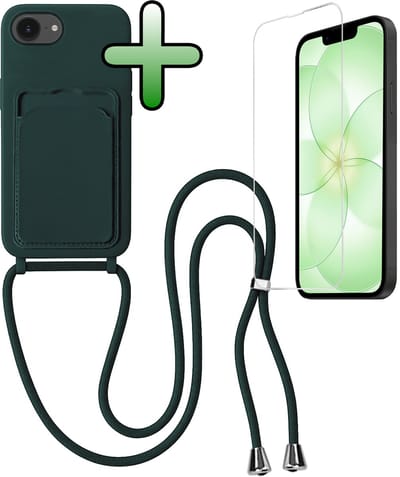 Hoes Geschikt voor iPhone 17e Hoesje Met Koord Met Screenprotector - Telefoonhoesje Geschikt voor iPhone 17e Backcover Met Afneembaar Koord - Donkergroen