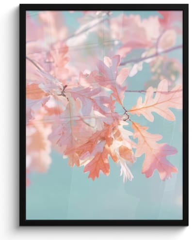 Poster in lijst - Fotolijst 60x80 cm - Posters - Eikenbladeren - Takken - Roze - Posterlijst zwart - Decoratie - Wanddecoratie woonkamer - Muurdecoratie slaapkamer