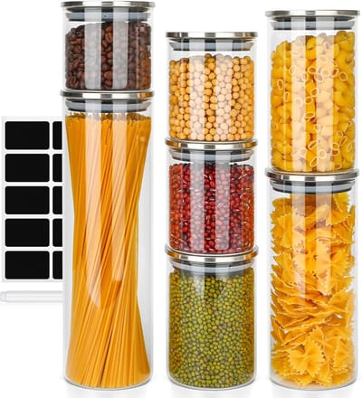 SnelShoppen - Glazen potjes met deksel set van 7 - Roestvrijstalen deksel - Perfecte pastacontainers voor keuken - 1300 ml, 1000 ml, 700 ml, 550 ml, 5