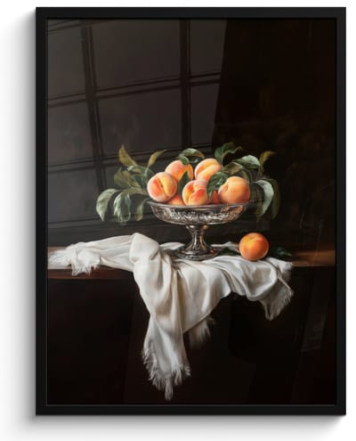 Poster in lijst - Fotolijst 50x70 cm - Posters - Stilleven - Perziken - Vintage - Posterlijst zwart - Decoratie - Wanddecoratie woonkamer - Muurdecoratie slaapkamer