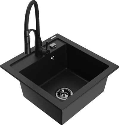 Mexen Vito granieten gootsteen 1-komors met keukenmengkraan Aster, zwart - 6503-77-73450-70-B