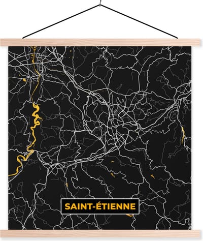 Posterhanger incl. Poster 40x40 cm - Schoolplaat - Stadskaart - Plattegrond - Saint-Étienne - Frankrijk - Kaart - Textielposter - Blanke latten - Stadskaart