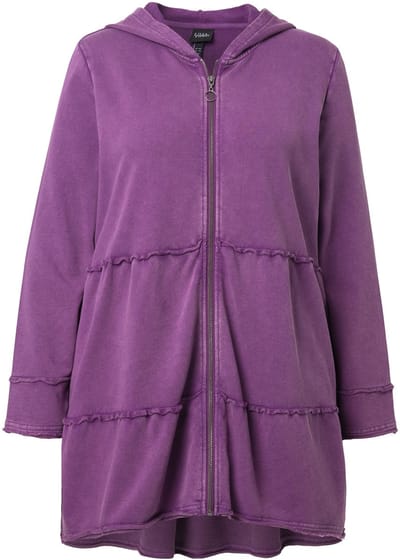 Ulla Popken - Dames - Lange hoodie-jas vintage look A-lijn capuchon - Aubergine - Maat 42+