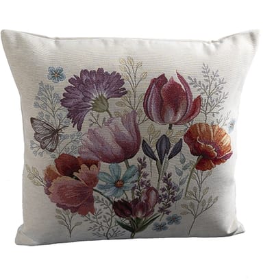 Kussenhoes - luxe gobelin stof - creme met bloemen - Tulpen - Klaproos en andere bloemen - vlinders - 45 x 45 cm