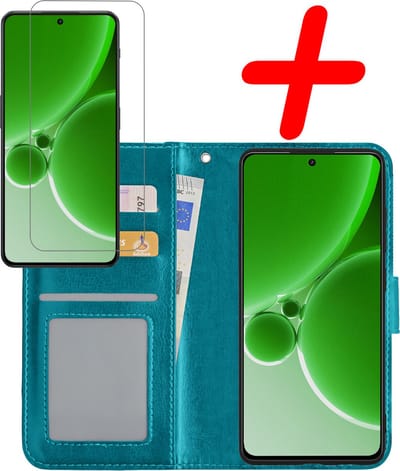 Hoesje Met Screenprotector - Geschikt voor OnePlus Nord 3 - Luxe Pasjeshouder - Bookcase Portemonee - Flip Case - Kunstleer Book Case - Flipcase - Book Cover - Walletcase - Portemonneehoes - Turquoise
